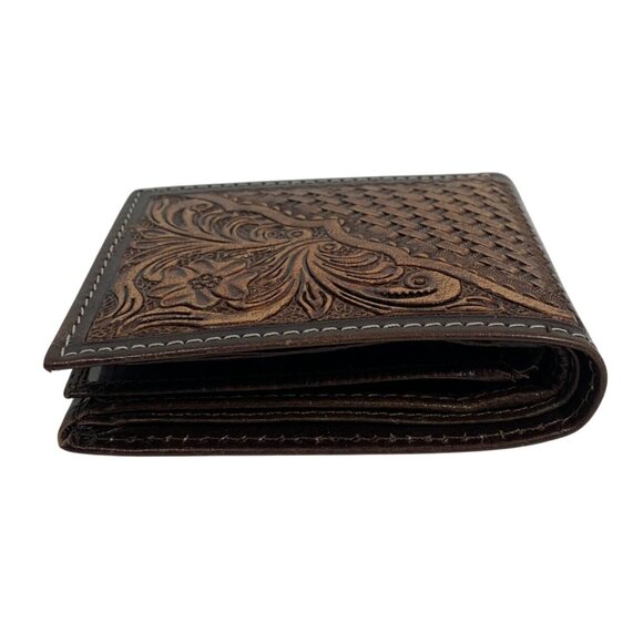 American Bison Men's Hand Tooled Brown Leather Bifold Wallet Floral Weave - Picture 4 of 10
